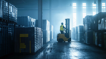 Close-up of a cargo warehouse worker using a forklift to move stacks of automotive batteries to the loading dock, the precise handling ensuring the safe and efficient transport of - obrazy, fototapety, plakaty