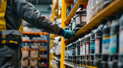 Close-up of a cargo warehouse worker organizing a shipment of automotive fluids and lubricants onto shelves for storage and distribution, the systematic arrangement optimizing work