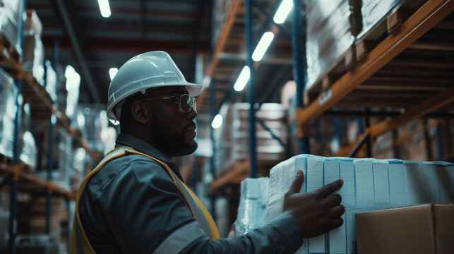 Close-up of a cargo warehouse worker inspecting a shipment of automotive accessories for quality and condition before loading them onto a delivery vehicle, the thorough checks ensu