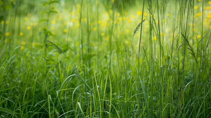 Tranquil scene showcasing the lush greenery of a meadow dotted with vibrant yellow wildflowers and tall grasses gently swaying in the breeze, embodying the essence of spring - obrazy, fototapety, plakaty