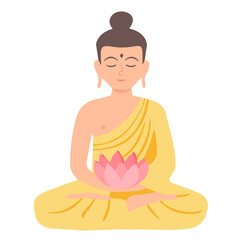 A man in a yellow robe is engaged in spiritual practice, holding a lotus in his hands.
Meditation and Zen in Buddhism. Asian Tibetan faith. 