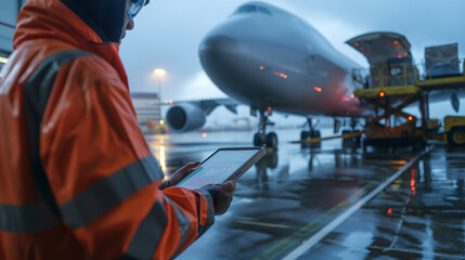 Close-up of a cargo airport worker using a handheld device to update inventory records as cargo is loaded onto a waiting plane, the real-time data management system optimizing effi