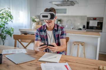 Fototapeta na wymiar boy caucasian teenager young man enjoy virtual reality VR headset