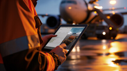 A close-up shot of a cargo airport worker using a tablet to track the movement of goods as they are loaded onto a waiting plane, the real-time monitoring system providing visibilit - obrazy, fototapety, plakaty
