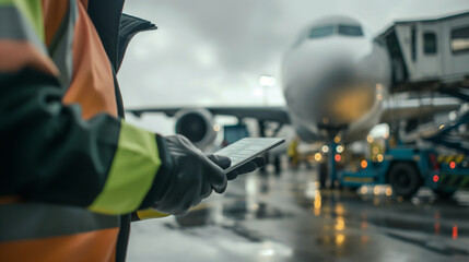 A close-up shot of a cargo airport worker using a tablet to track the movement of goods as they are loaded onto a waiting plane, the real-time monitoring system providing visibilit