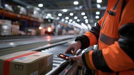 Close-up of a cargo airport worker using a barcode scanner to log packages onto a digital tracking system before loading them onto a conveyor belt leading to a cargo plane, the str