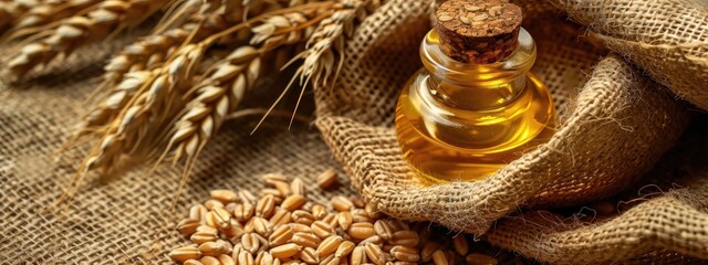 essential oil of wheat on the background of burlap top view