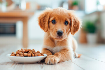 Cute golden retriever puppy next to a bowl of dry food in a white kitchen looking at the camera