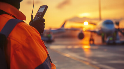 Close-up of a cargo airport worker using a handheld radio to communicate with ground crew members as cargo planes taxi on the runway, the clear and concise instructions guiding the