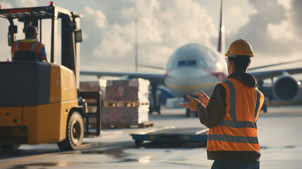 Close-up of a cargo airport worker guiding a forklift operator to position pallets of goods near a waiting cargo plane, the hand signals ensuring precise alignment for efficient lo