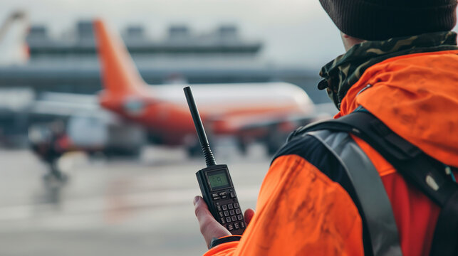 Close-up of a cargo airport worker using a handheld radio to communicate with ground crew members as cargo planes taxi on the runway, the clear and concise instructions guiding the