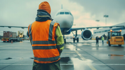 Close-up of a cargo airport worker coordinating with ground crew members to marshal a cargo plane into position for loading, the synchronized movements ensuring safe and efficient