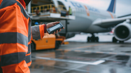 Close-up of a cargo airport worker using a hand-held scanner to verify the contents of cargo containers before loading them onto a waiting plane, the digital verification process e