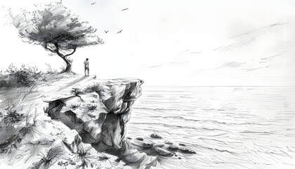 Delicate pencil sketch of a couple watching the sunset from a cliff overlooking the oceanar74v60 Generative AI