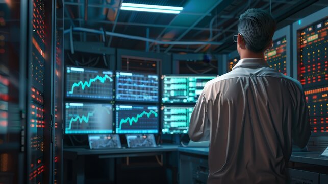TechSavvy Analyst Monitoring Big Data in StateoftheArt Data Center Futuristic Technology Concept with Server Racks and Digital Screens IT Professional Working with Analytics and Information Technology
