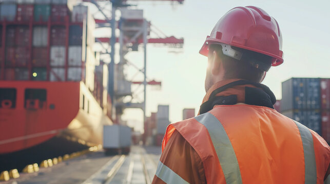 Close-up of a cargo port worker coordinating with dockworkers to position cargo containers on the loading area of a bulk carrier, the synchronized teamwork ensuring efficient loadi