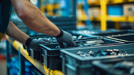 Close-up of a cargo warehouse worker organizing spare parts and accessories into bins for distribution to automotive repair shops, the systematic arrangement facilitating quick and - obrazy, fototapety, plakaty