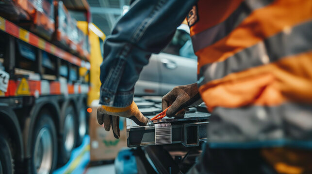 Close-up of a cargo warehouse worker scanning barcode labels on automotive parts before loading them onto a delivery truck, the digital tracking system ensuring accurate inventory