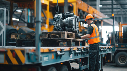 Close-up of a cargo warehouse worker using a hydraulic lift to lower a crate of automotive engines onto a flatbed truck, the ergonomic equipment facilitating safe and efficient han