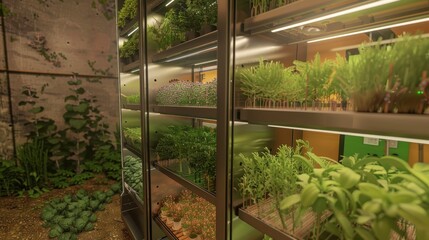 Fototapeta premium Revolutionary AIEnhanced Vertical Farming A Futuristic Oasis of Lush Herbs and Sustainable Innovation