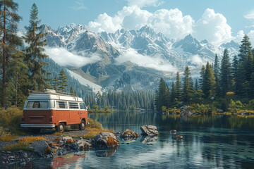 A vintage camper van parked beside a tranquil lake, offering a glimpse into the nomadic lifestyle of the 1970s. Concept of nostalgic camping culture. Generative Ai.