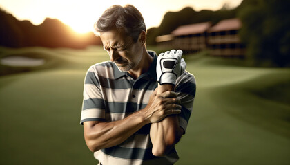 Man clutching elbow in pain during a golf match, with a visual red flare indicating discomfort
