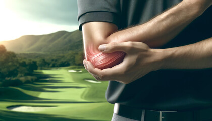 Man clutching elbow in pain during a golf match, with a visual red flare indicating discomfort