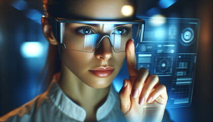 R&D centre image with portrait of engineers wearing protection glasses researching new energy sources and tech