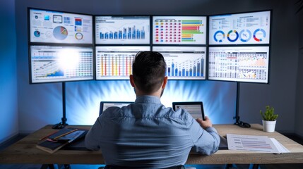 Obraz premium Datadriven Decision Making Market Researcher Analyzing Consumer Surveys on Tablet with Infographics Displayed on Wall Monitor Business Analysis and Strategy Concept