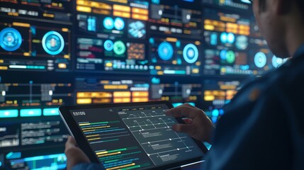 Fototapeta premium Secure Data Management Person Analyzing Encrypted Assets on Tablet with Digital Visualizations in Background Cyber Security Concept