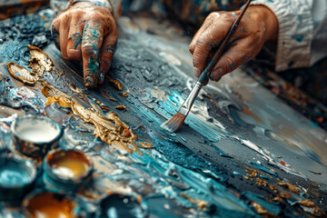 A painter adding brushstrokes to a canvas, layering colors and textures to create a masterpiece....