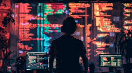 Digital Vision Programmer Immersed in Holographic Code Interface Technology Innovation and Creativity Concept