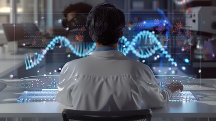 CuttingEdge Biotech Research Scientist Analyzing Genetic Data in Holographic Lab Environment