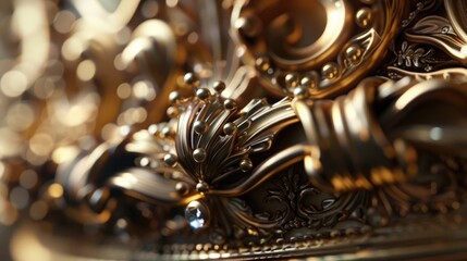 Generate a regal 3D rendering illustrating a gold crown in intricate detail.