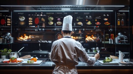 Obraz premium Virtual Culinary Innovation Chef Creating CuttingEdge Kitchen Designs with Digital Twin Technology