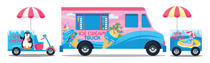 Set of ice ceam truck, cart and scooter. Mobile refrigerator for selling ice-cream on the street. Weeled vehicle with icebox. Transportable cold storage with frozen gelato. Vector object, sign, symbol © Lina_vector