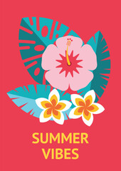 Summer background with toucan sitting on a branch in the tropical forest. Exotic bird and leaves. Vector illustration, poster, card, invitation