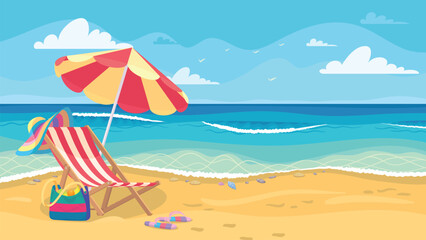 Summer beach background with deck chair, umbrella, seashore, waves, sky, seagulls. Sea coast with chaise longue and parasol. Vacation, beach vacation, resort. Vector illustration, background