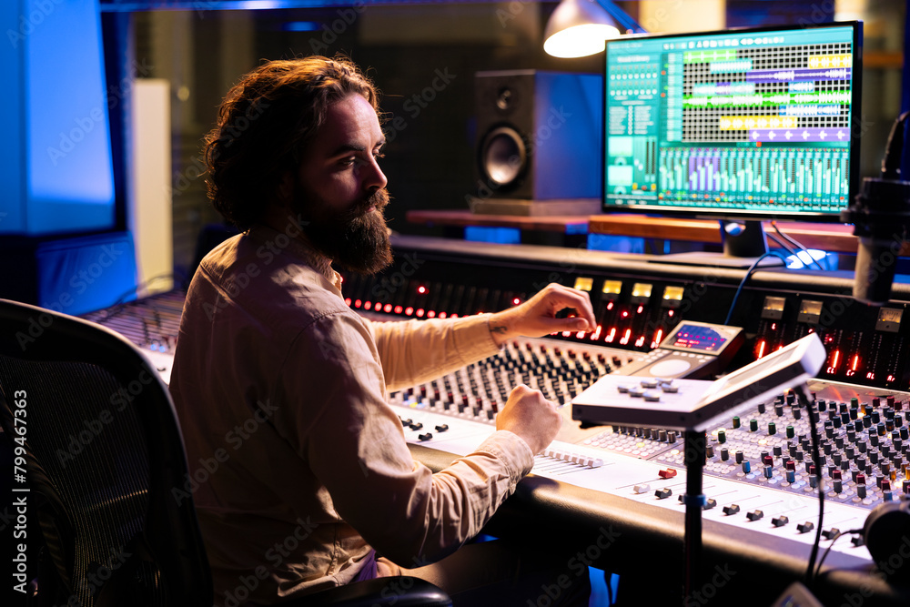 Fototapete Music technician mixing and mastering songs with motorized faders and knobs, using control desk dashboard and computer. Young sound engineer creating tracks for an album in studio.