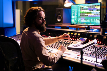 Music technician mixing and mastering songs with motorized faders and knobs, using control desk...