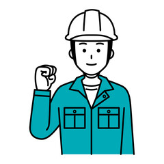 ガッツポーズをする作業員の男性