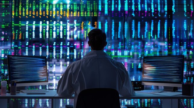 CuttingEdge Genetic Research Scientist Utilizing AI Technology to Analyze DNA Sequences at Workstation