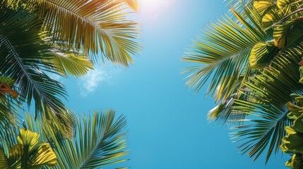 Tropical palm and monstera leaves bask in the sunlight, casting playful shadows on a serene blue background, evoking a relaxed island atmosphere..