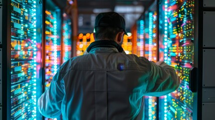 Fototapeta premium Secure Data Compliance A Cybersecurity Professional Ensuring Regulatory Standards for SEO and AI Servers Back View