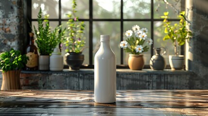 White Bottle on Wooden Table