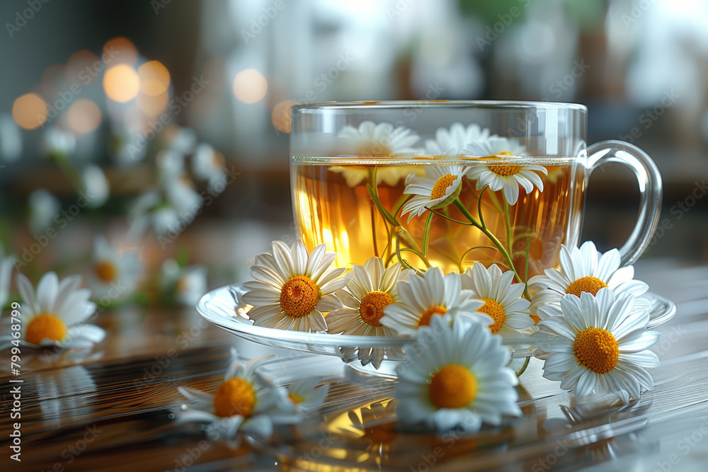 Poster A soothing cup of chamomile tea, steeped to perfection and calming the senses with its gentle floral aroma. Concept of relaxation and tranquility. Generative Ai.