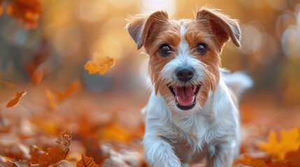 Small Brown and White Dog Running Through Leaves