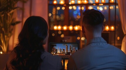 Obraz premium Immersed in the Moment Couple Engrossed in HighDefinition Live Stream on Tablet with WiFi 7 Connection Back View No Face People Stock Image
