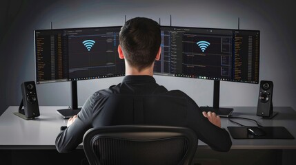 Secure Network Surveillance Cybersecurity Expert Monitors Traffic on WiFi 7Enabled Dual Screen Setup