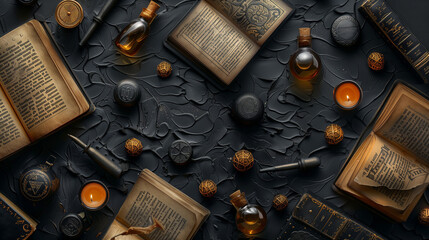 seamless background of a desk with antique books and potions, dark academia aesthetic  - obrazy, fototapety, plakaty